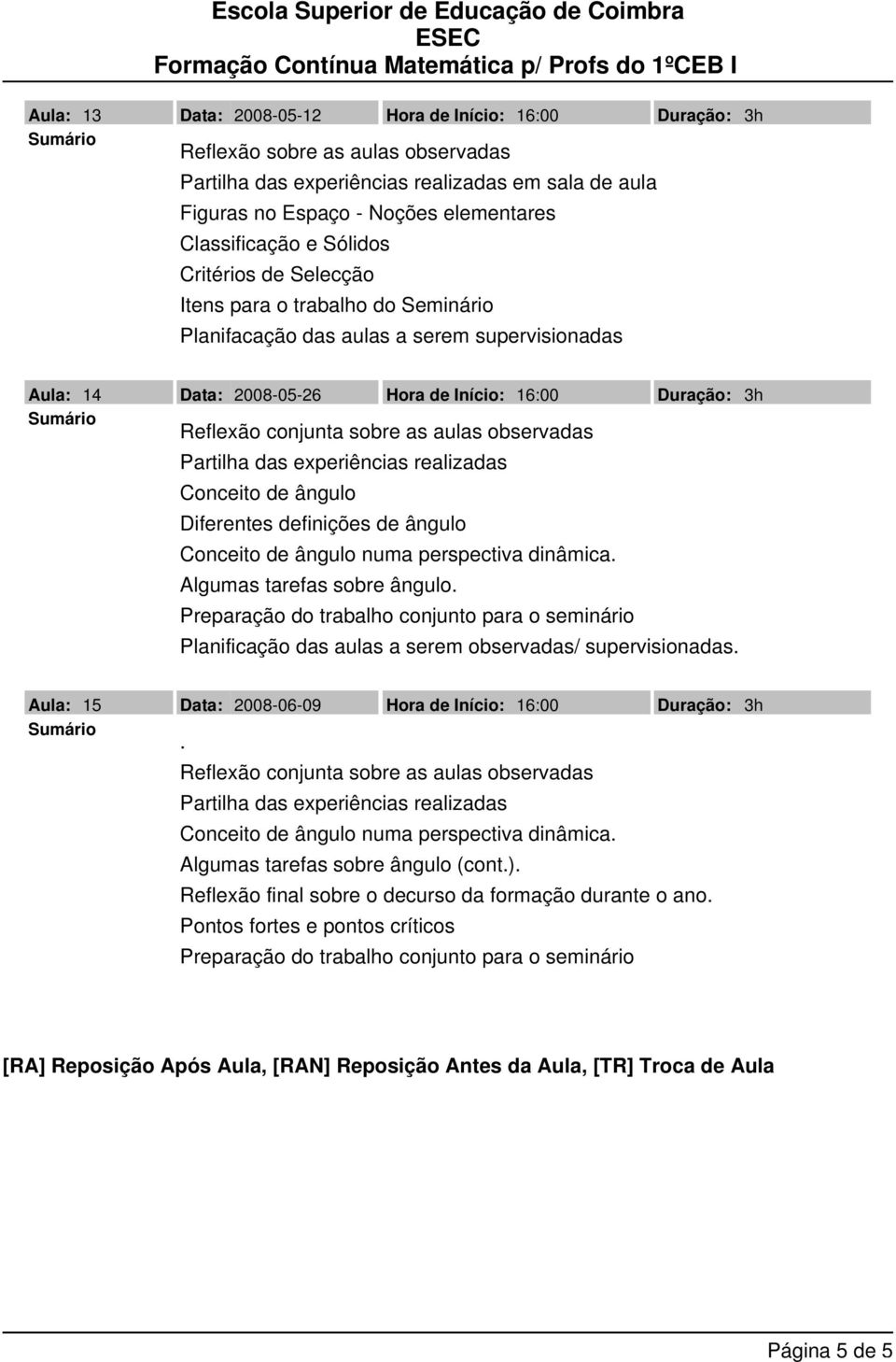 conjunta sobre as aulas observadas Partilha das experiências realizadas Conceito de ângulo Diferentes definições de ângulo Conceito de ângulo numa perspectiva dinâmica. Algumas tarefas sobre ângulo.