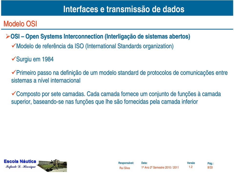 protocolos de comunicações entre sistemas a nível n internacional Composto por sete camadas.