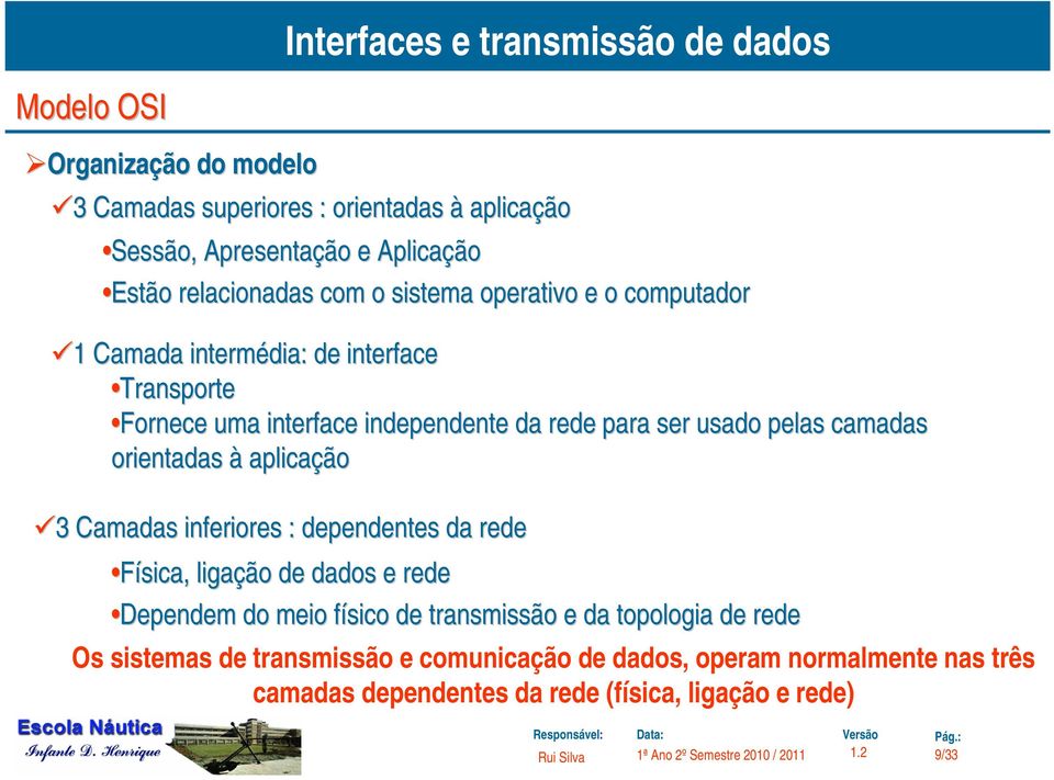 orientadas à aplicação 3 3 Camadas inferiores : dependentes da rede Física, ligação de dados e rede Dependem do meio físico f de transmissão e da