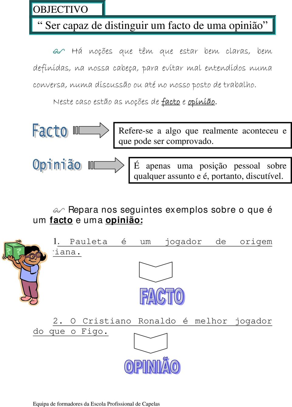 Refere-se a algo que realmente aconteceu e que pode ser comprovado. É apenas uma posição pessoal sobre qualquer assunto e é, portanto, discutível.