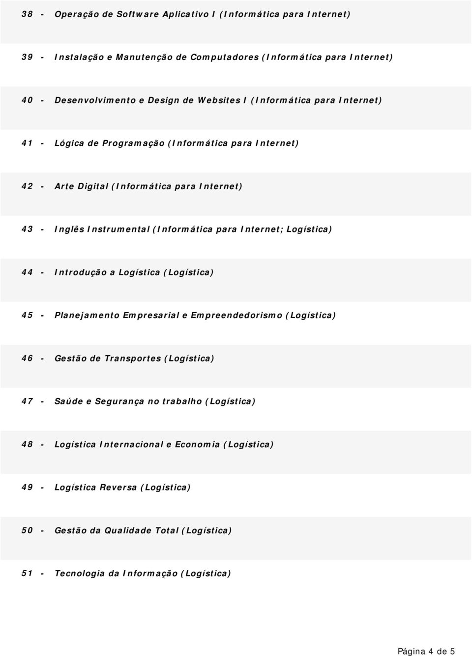 Logística) 44 - Introdução a Logística (Logística) 45 - Planejamento Empresarial e Empreendedorismo (Logística) 46 - Gestão de Transportes (Logística) 47 - Saúde e Segurança no trabalho