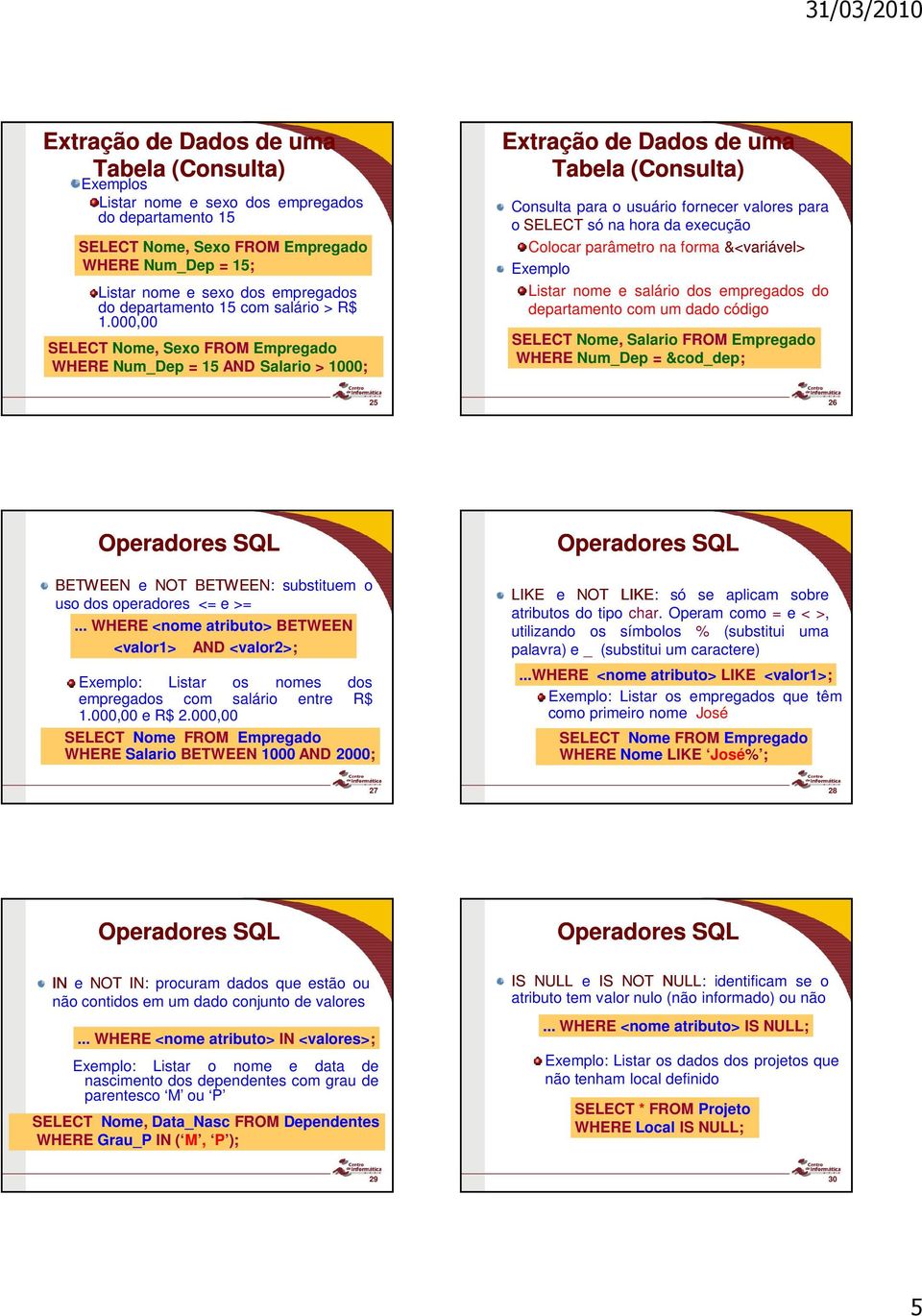 000,00 SELECT Nome, Sexo FROM Empregado WHERE Num_Dep = 15 AND Salario > 1000; Extração de Dados de uma Tabela (Consulta) Consulta para o usuário fornecer valores para o SELECT só na hora da execução