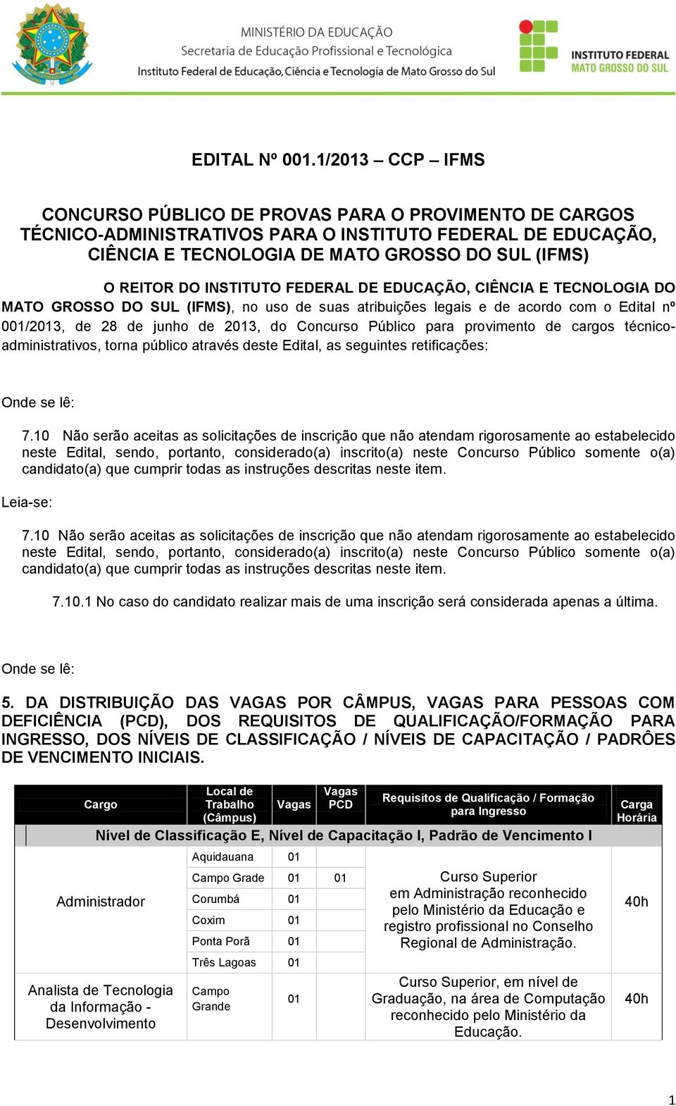 INSTITUTO FEDERAL DE EDUCAÇÃO, CIÊNCIA E TECNOLOGIA DO MATO GROSSO DO SUL (IFMS), no uso de suas atribuições legais e de acordo com o Edital nº 0/23, de 28 de junho de 23, do Concurso Público para