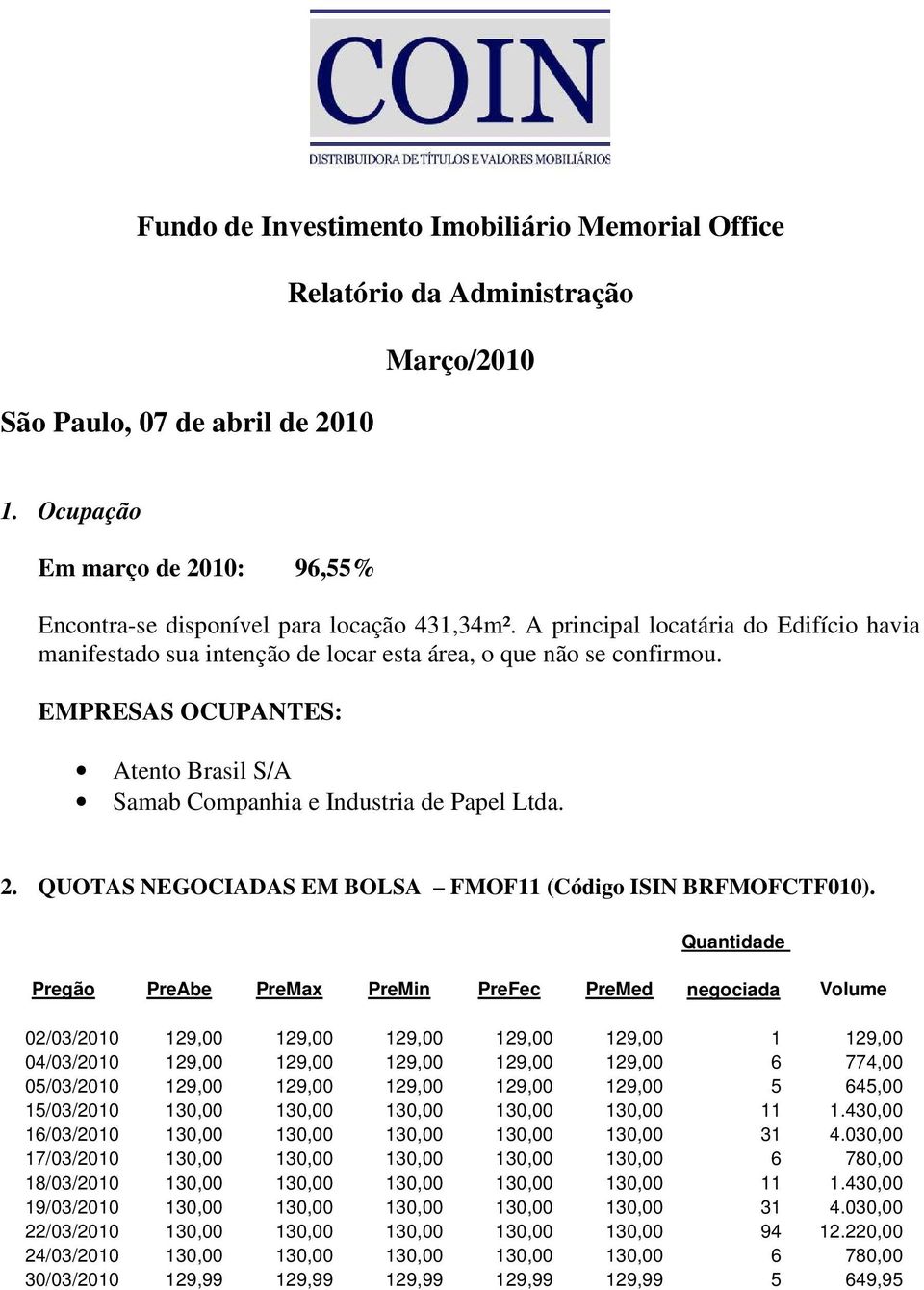 EMPRESAS OCUPANTES: Atento Brasil S/A Samab Companhia e Industria de Papel Ltda. 2. QUOTAS NEGOCIADAS EM BOLSA FMOF11 (Código ISIN BRFMOFCTF010).