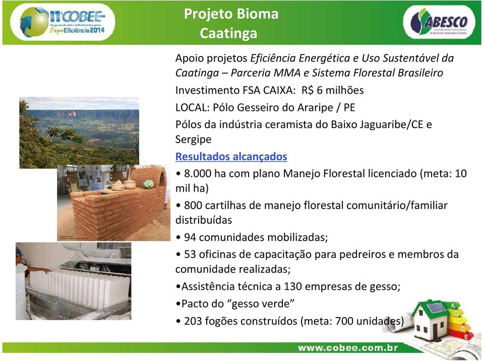 000 ha com plano Manejo Florestal licenciado (meta: 10 mil ha) 800 cartilhas de manejo florestal comunitário/familiar distribuídas 94 comunidades mobilizadas;