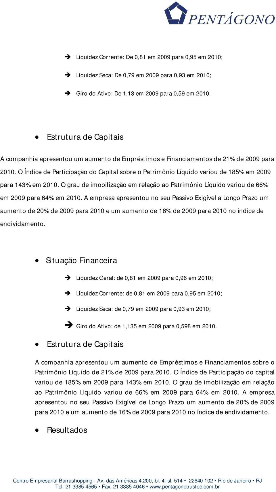 O Índice de Participação do Capital sobre o Patrimônio Líquido variou de 185% em 2009 para 143% em 2010. O grau de imobilização em relação ao Patrimônio Líquido variou de 66% em 2009 para 64% em 2010.