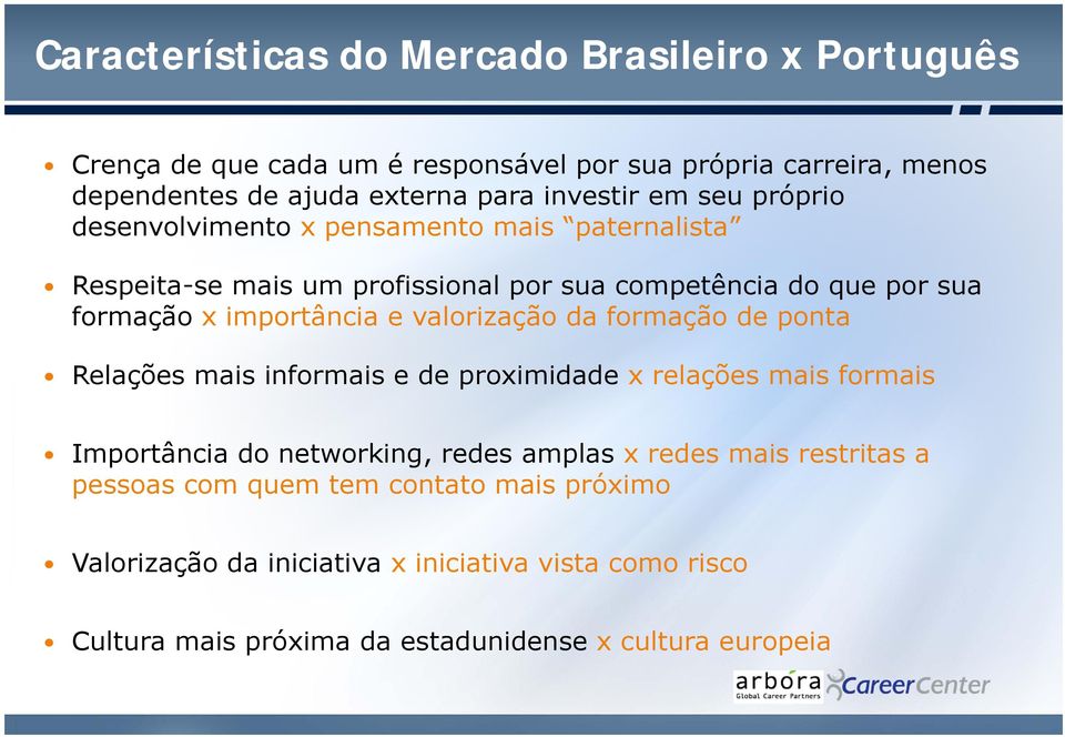 importância e valorização da formação de ponta Relações mais informais e de proximidade x relações mais formais Importância do networking, redes amplas x