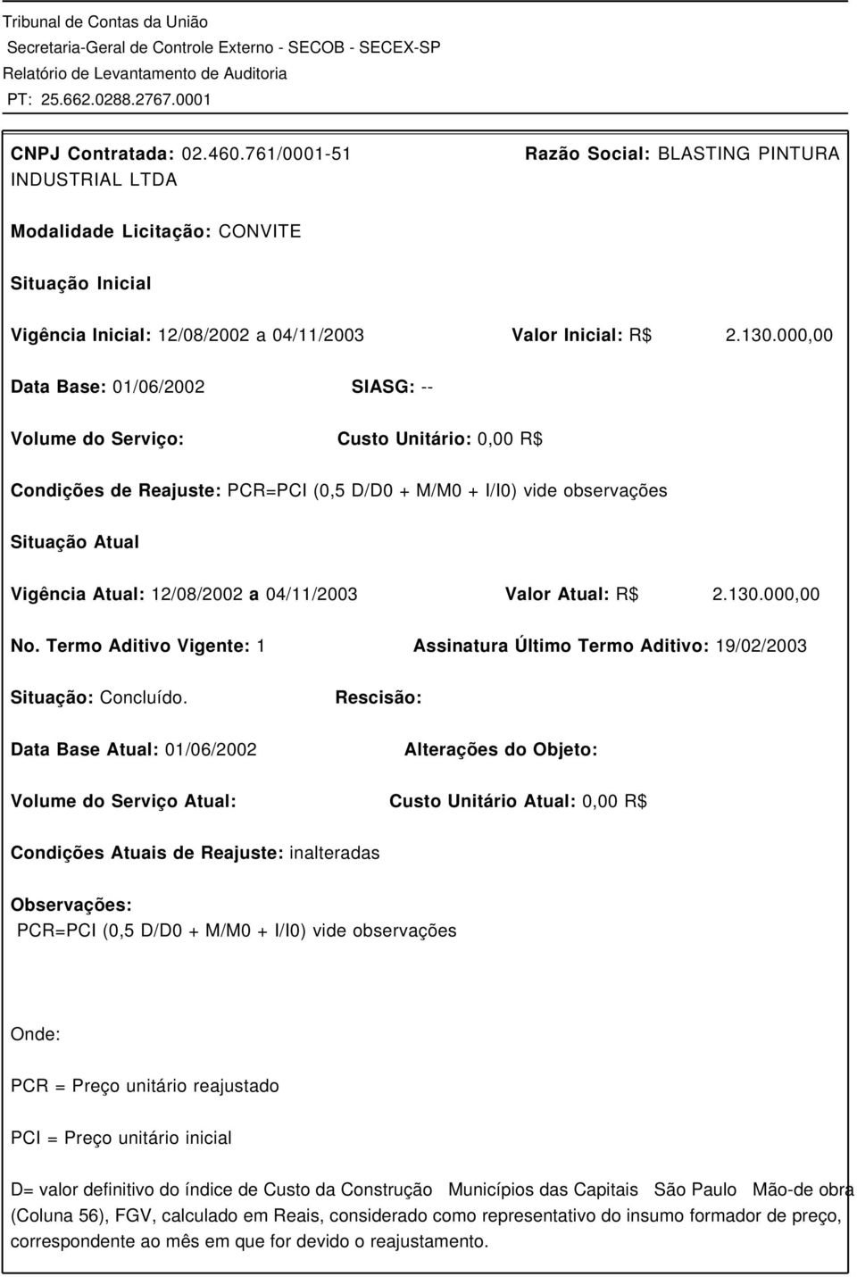 04/11/2003 Valor Atual: R$ 2.130.000,00 No. Termo Aditivo Vigente: 1 Assinatura Último Termo Aditivo: 19/02/2003 Situação: Concluído.