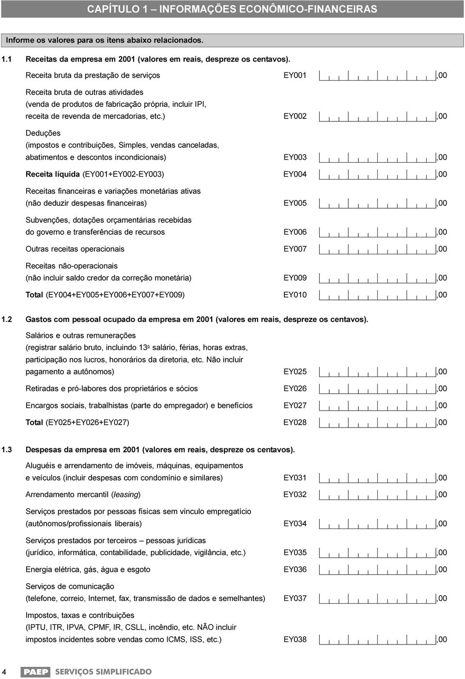 ) EY002,00 Deduções (impostos e contribuições, Simples, vendas canceladas, abatimentos e descontos incondicionais) EY003,00 Receita líquida (EY001+EY002-EY003) EY004,00 Receitas financeiras e