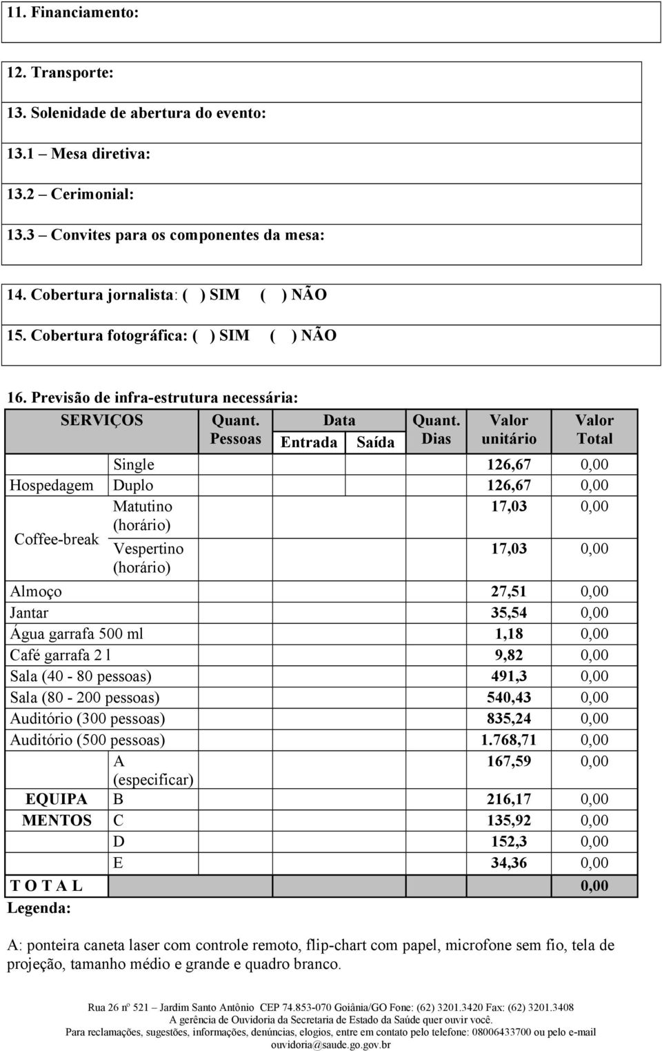 Valor Valor Pessoas Entrada Saída Dias unitário Total Single 126,67 0,00 Hospedagem Duplo 126,67 0,00 Matutino 17,03 0,00 Coffee-break (horário) Vespertino 17,03 0,00 (horário) Almoço 27,51 0,00