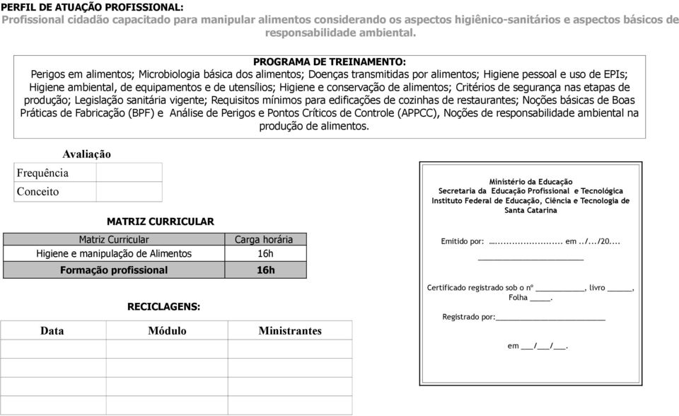 utensílios; Higiene e conservação de alimentos; Critérios de segurança nas etapas de produção; Legislação sanitária vigente; Requisitos mínimos para edificações de cozinhas de restaurantes; Noções