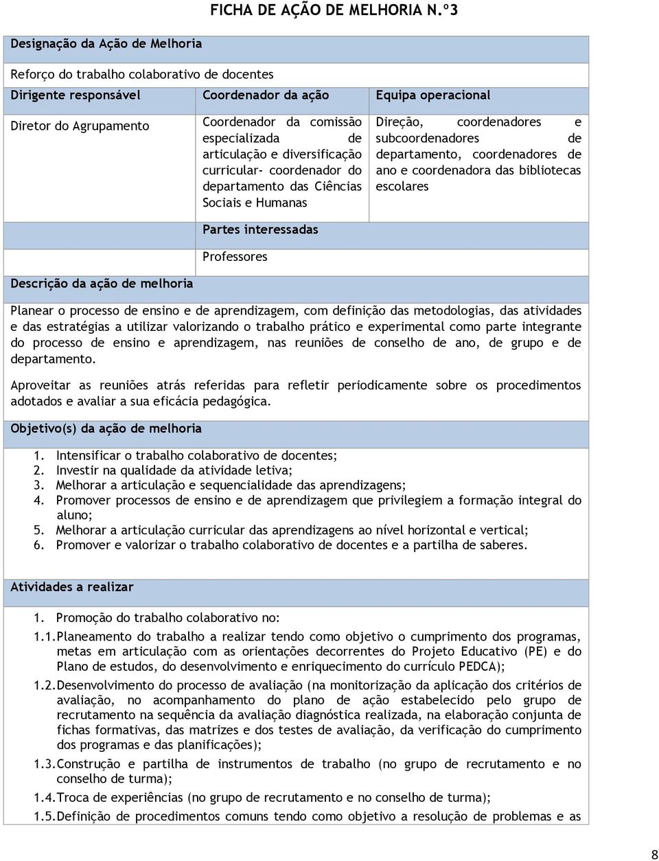 Coordenador da comissão especializada de articulação e diversificação curricular- coordenador do departamento das Ciências Sociais e Humanas Partes interessadas Professores Direção, coordenadores e