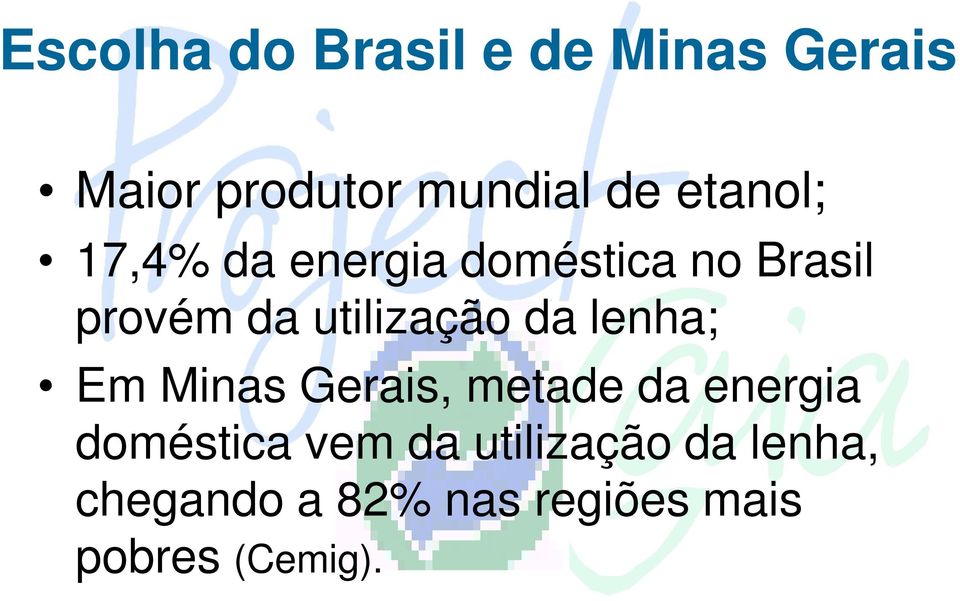 utilização da lenha; Em Minas Gerais, metade da energia