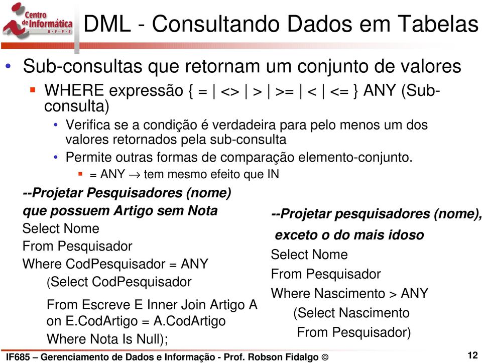 = ANY tem mesmo efeito que IN --Projetar Pesquisadores (nome) que possuem Artigo sem Nota Select Nome From Pesquisador Where CodPesquisador = ANY (Select CodPesquisador From