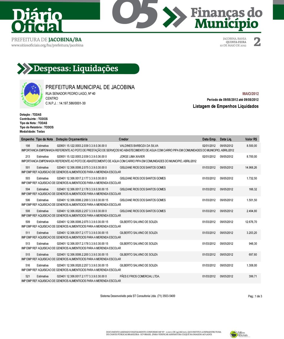 500,00 IMPORTANCIA EMPENHADA REFERENTE AO PGTO DE PRESTAÇÃO DE SERVIÇOS NO ABASTECIMENTO DE AGUA COM CARRO PIPA EM COMUNIDADES DO MUNICIPIO, ABRIL/2012 213 Estimativa 020601 15.122.0003.2.039 3.3.9.0.36.