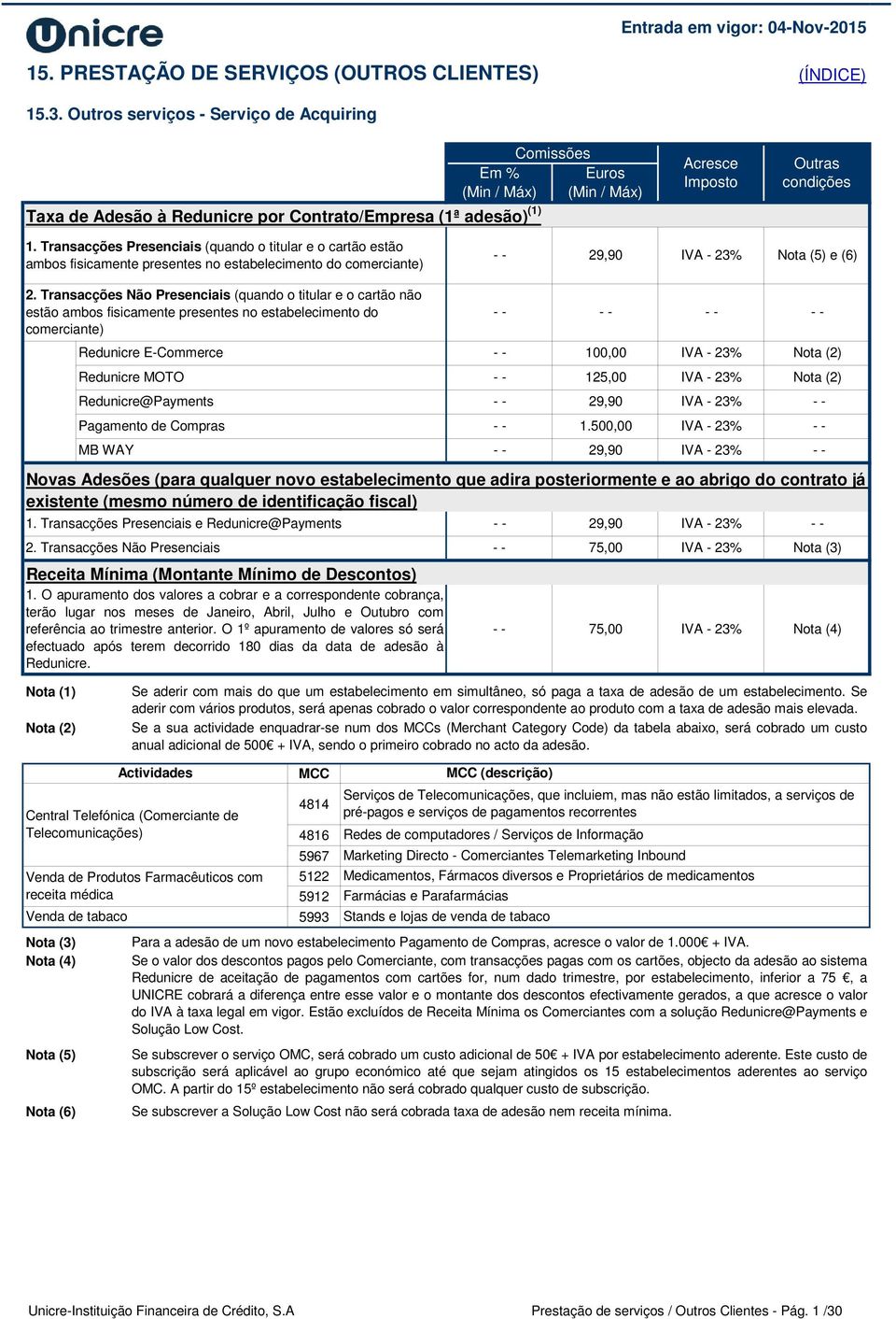 Transacções Não Presenciais (quando o titular e o cartão não estão ambos fisicamente presentes no estabelecimento do comerciante) Redunicre E-Commerce 100,00 IVA - 23% Redunicre MOTO 125,00 IVA - 23%