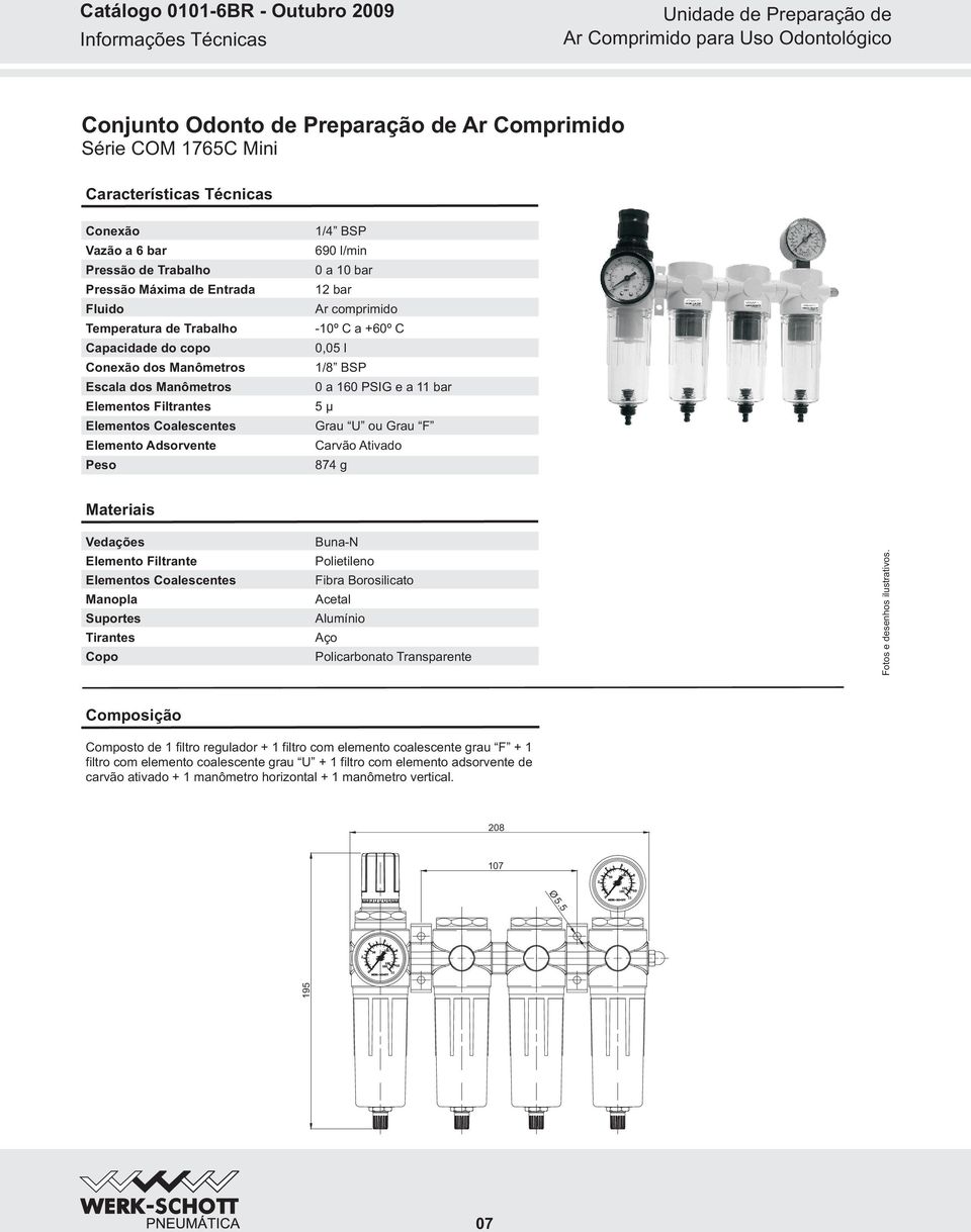 Elemento Adsorvente Peso 1/8 BSP a 16 PSIG e a bar Grau U ou Grau F Carvão Ativado 874 g Materiais Vedações Elemento Filtrante Elementos Coalescentes Manopla Suportes Tirantes Copo Buna-N Polietileno