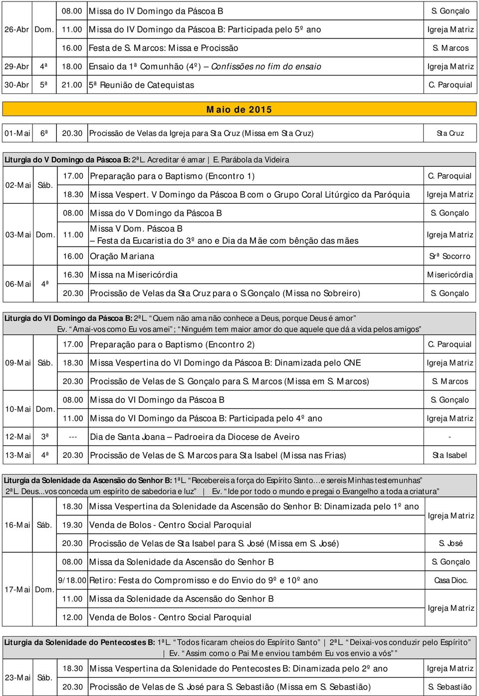 30 Procissão de Velas da Igreja para Sta Cruz (Missa em Sta Cruz) Sta Cruz Liturgia do V Domingo da Páscoa B: 2ªL. Acreditar é amar E. Parábola da Videira 17.