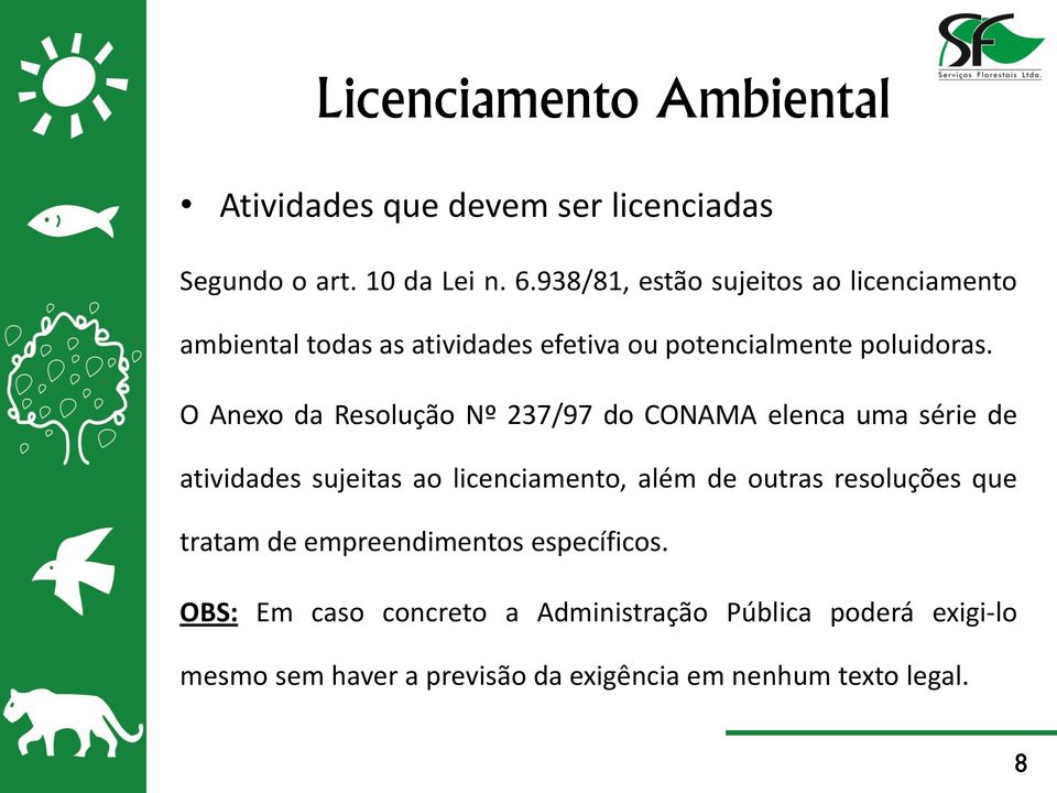 O Anexo da Resolução Nº 237/97 do CONAMA elenca uma série de atividades sujeitas ao licenciamento, além de outras