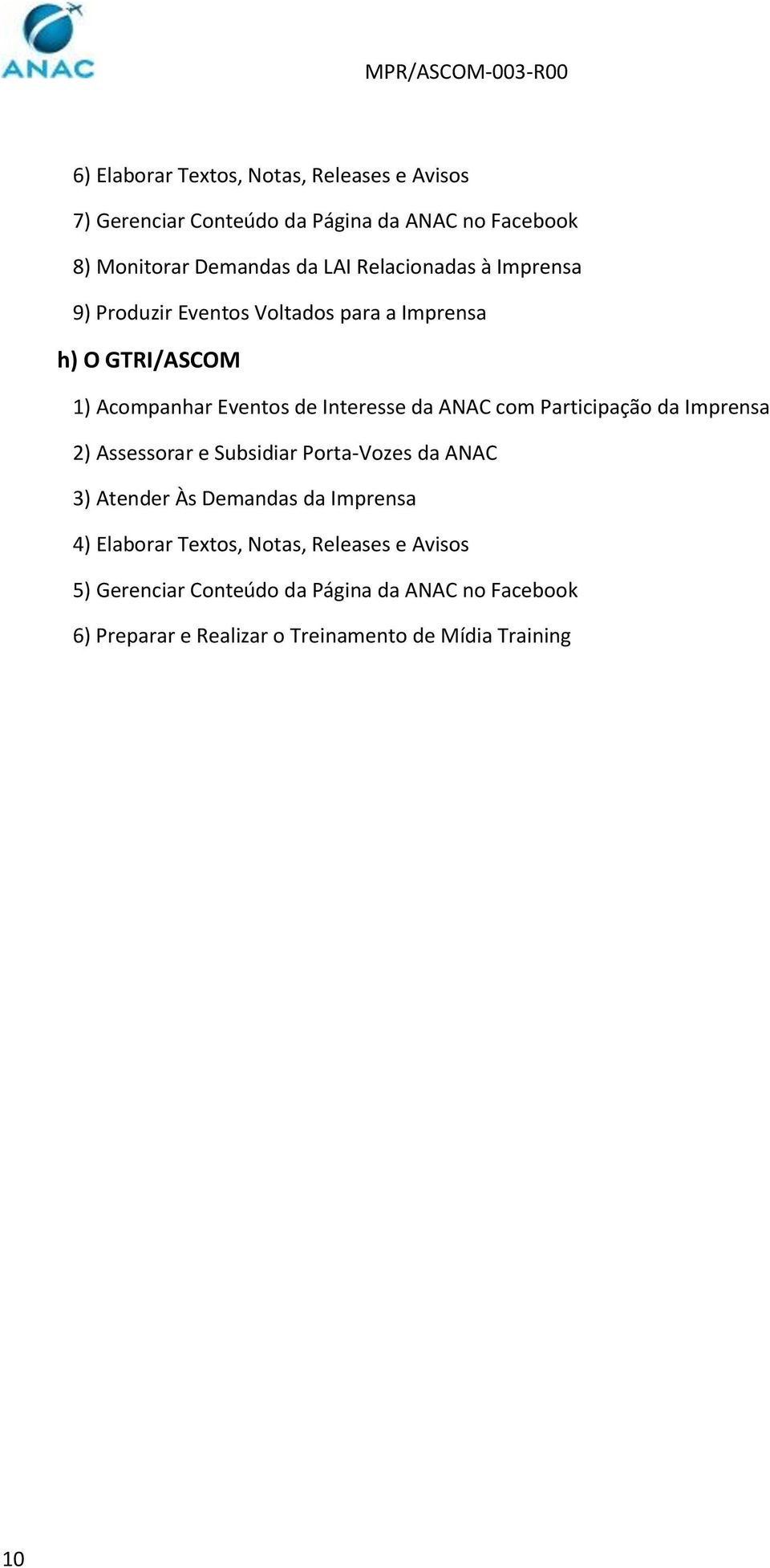 com Participação da Imprensa 2) Assessorar e Subsidiar Porta-Vozes da ANAC 3) Atender Às Demandas da Imprensa 4) Elaborar Textos,