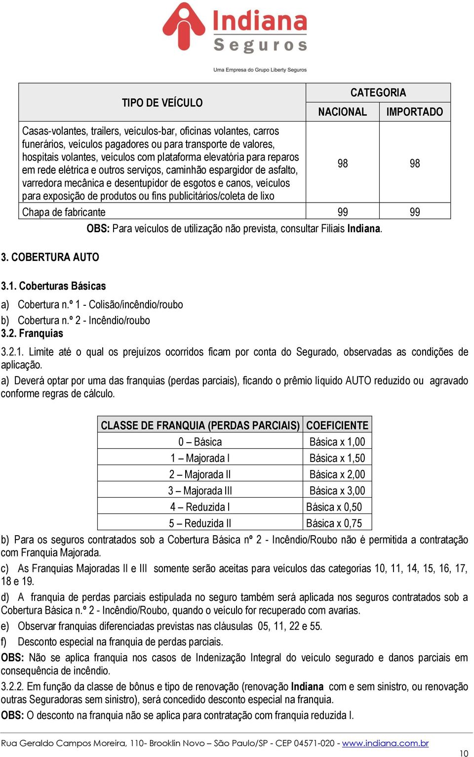 de produtos ou fins publicitários/coleta de lixo Chapa de fabricante 99 99 OBS: Para veículos de utilização não prevista, consultar Filiais Indiana. 3. COBERTURA AUTO 3.1.