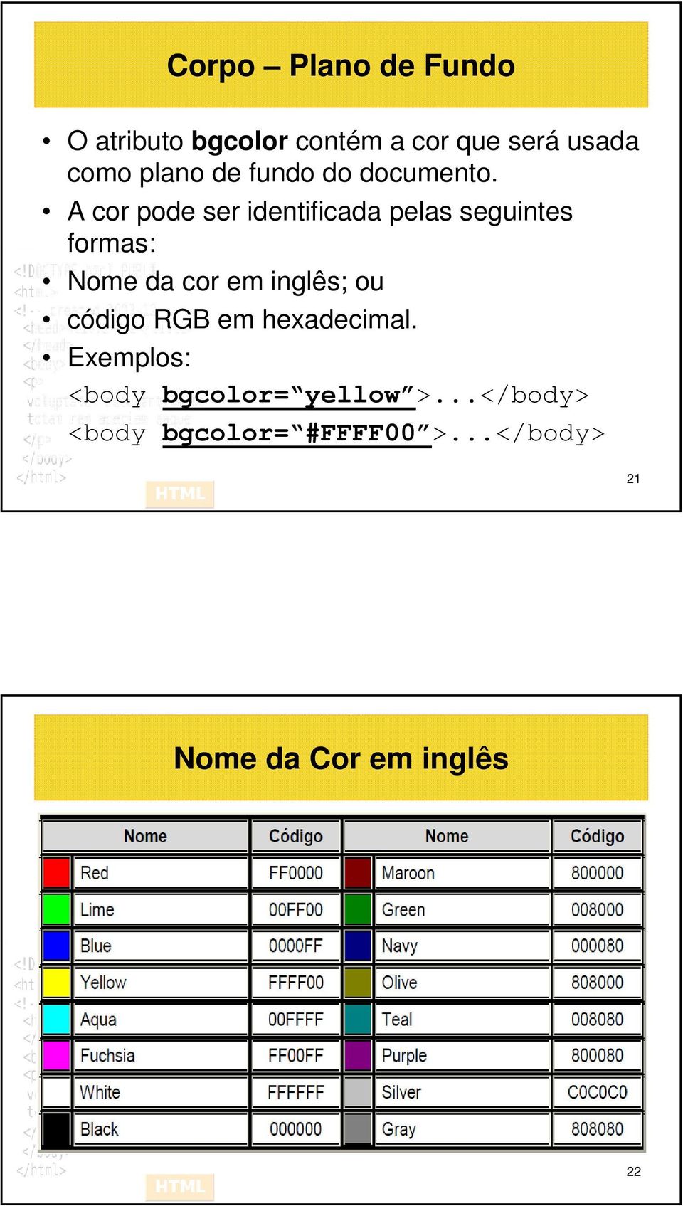 A cor pode ser identificada pelas seguintes formas: Nome da cor em inglês; ou