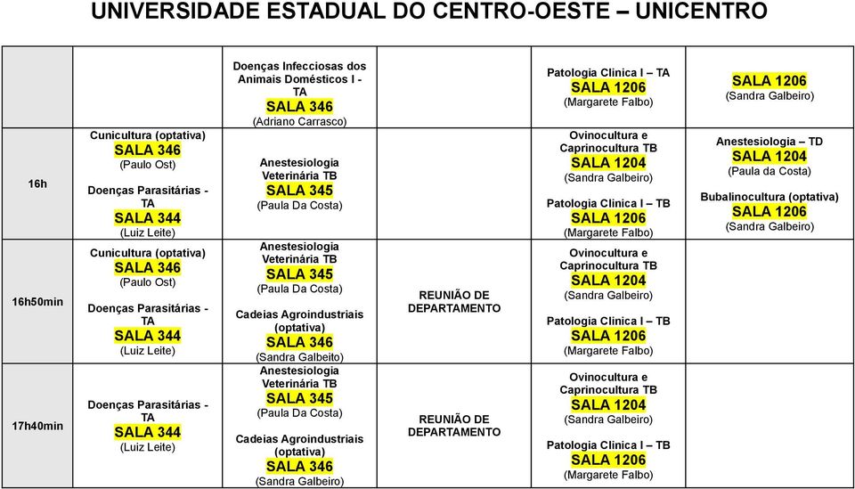 Agroindustriais (optativa) (Sandra Galbeito) Anestesiologia Veterinária (Paula Da Costa) Cadeias Agroindustriais (optativa) DEPARMENTO DEPARMENTO Patologia Clinica I (Margarete Falbo) Ovinocultura e