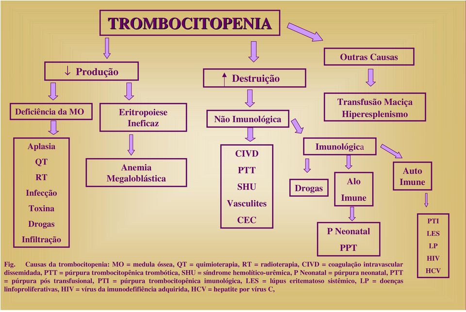 Causas da trombocitopenia: MO = medula óssea, QT = quimioterapia, RT = radioterapia, CIVD = coagulação intravascular dissemidada, PTT = púrpura trombocitopênica trombótica, SHU = síndrome