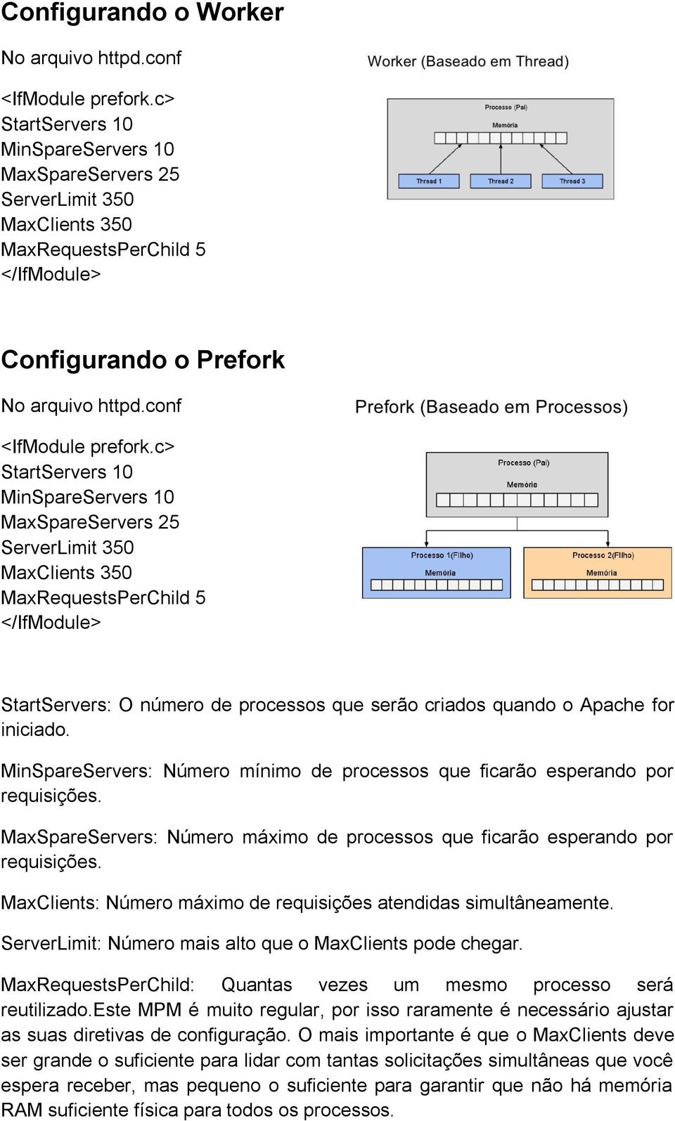 c> StartServers 10 MinSpareServers 10 MaxSpareServers 25 ServerLimit 350 MaxClients 350 MaxRequestsPerChild 5 </IfModule> StartServers: O número de processos que serão criados quando o Apache for