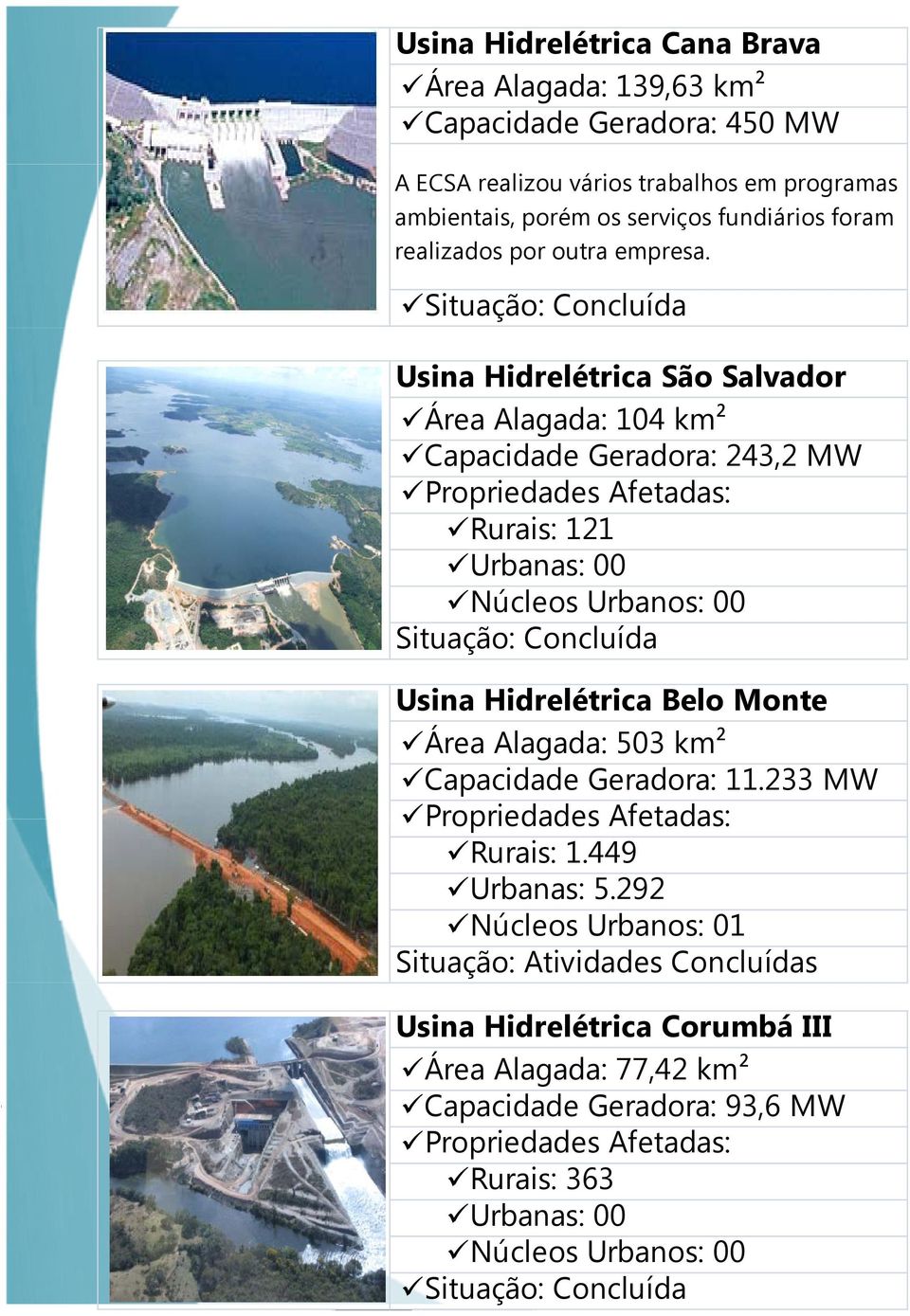 Situação: Concluída Usina Hidrelétrica São Salvador Área Alagada: 104 km² Capacidade Geradora: 243,2 MW Rurais: 121 Urbanas: 00 Núcleos Urbanos: 00 Situação: Concluída