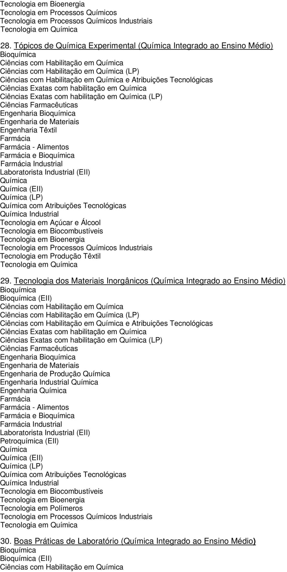 Tecnológicas Ciências Exatas com habilitação em Química Ciências Exatas com habilitação em Ciências Farmacêuticas Engenharia Bioquímica Engenharia de Materiais Engenharia Têxtil Farmácia Farmácia -