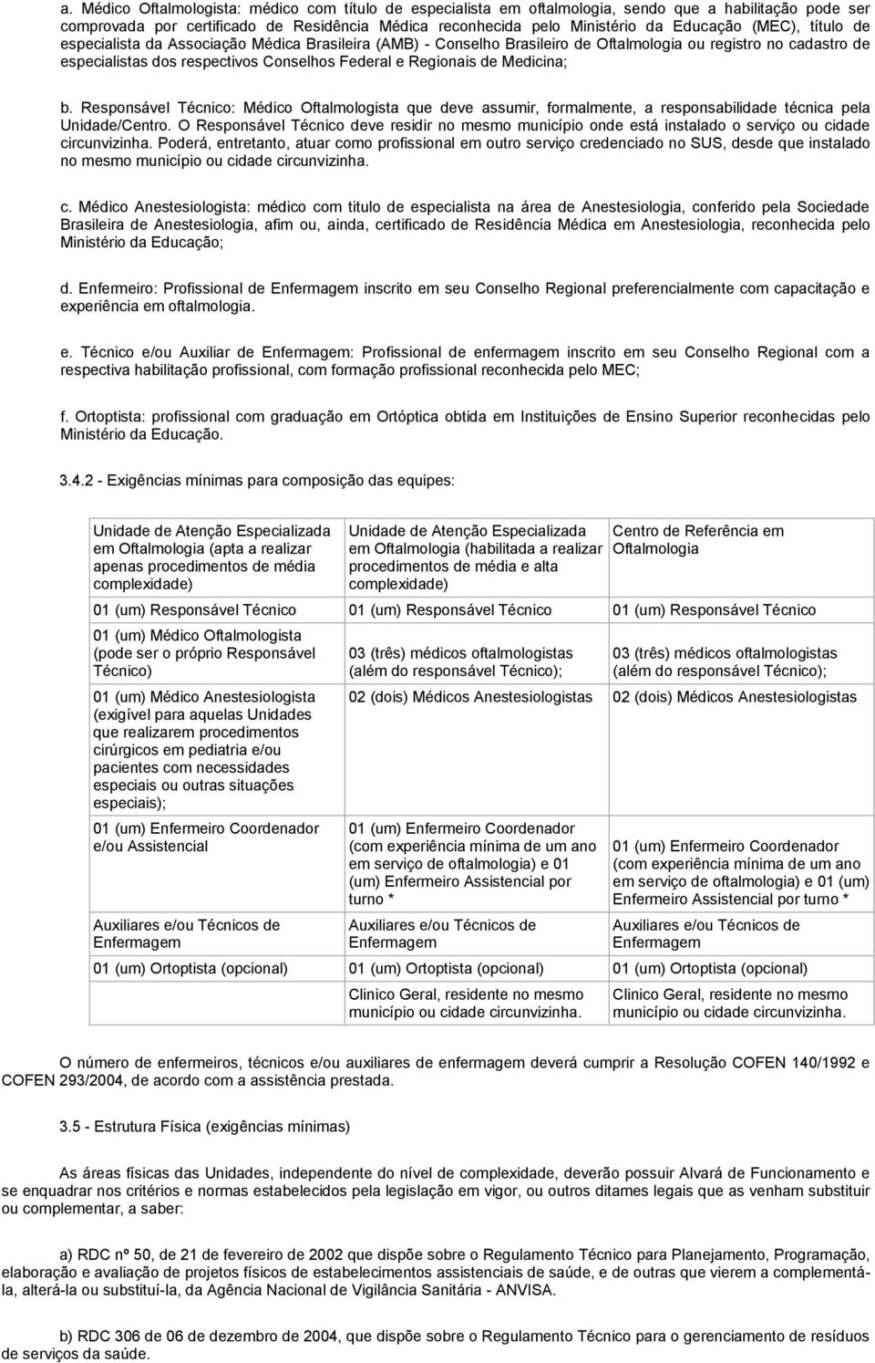 Medicina; b. Responsável Técnico: Médico Oftalmologista que deve assumir, formalmente, a responsabilidade técnica pela Unidade/Centro.