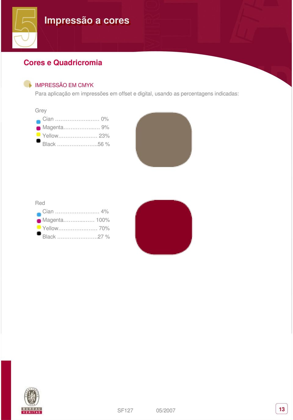 percentagens indicadas: Grey Cian. 0% Magenta... 9% Yellow.