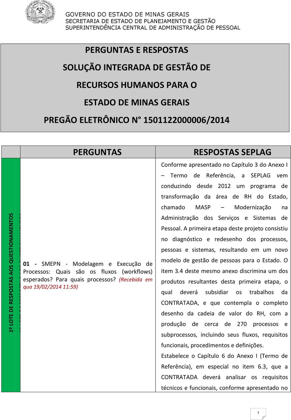 (Recebida em qua 19/02/2014 11:59) RESPOSTAS SEPLAG Conforme apresentado no Capítulo 3 do Anexo I Termo de Referência, a SEPLAG vem conduzindo desde 2012 um programa de transformação da área de RH do