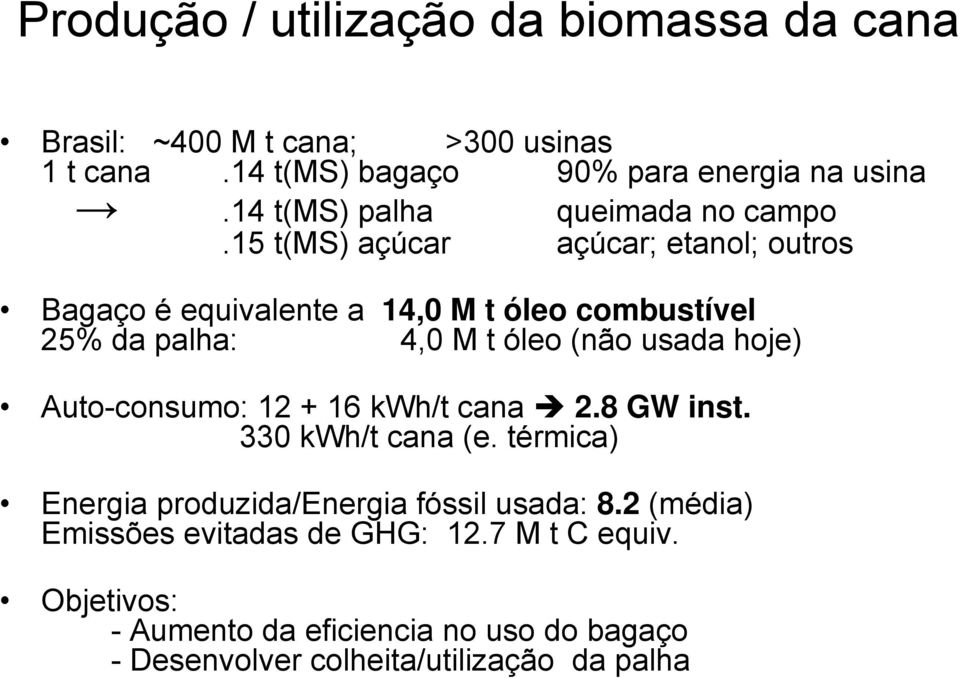 15 t(ms) açúcar açúcar; etanol; outros Bagaço é equivalente a 14,0 M t óleo combustível 25% da palha: 4,0 M t óleo (não usada hoje)