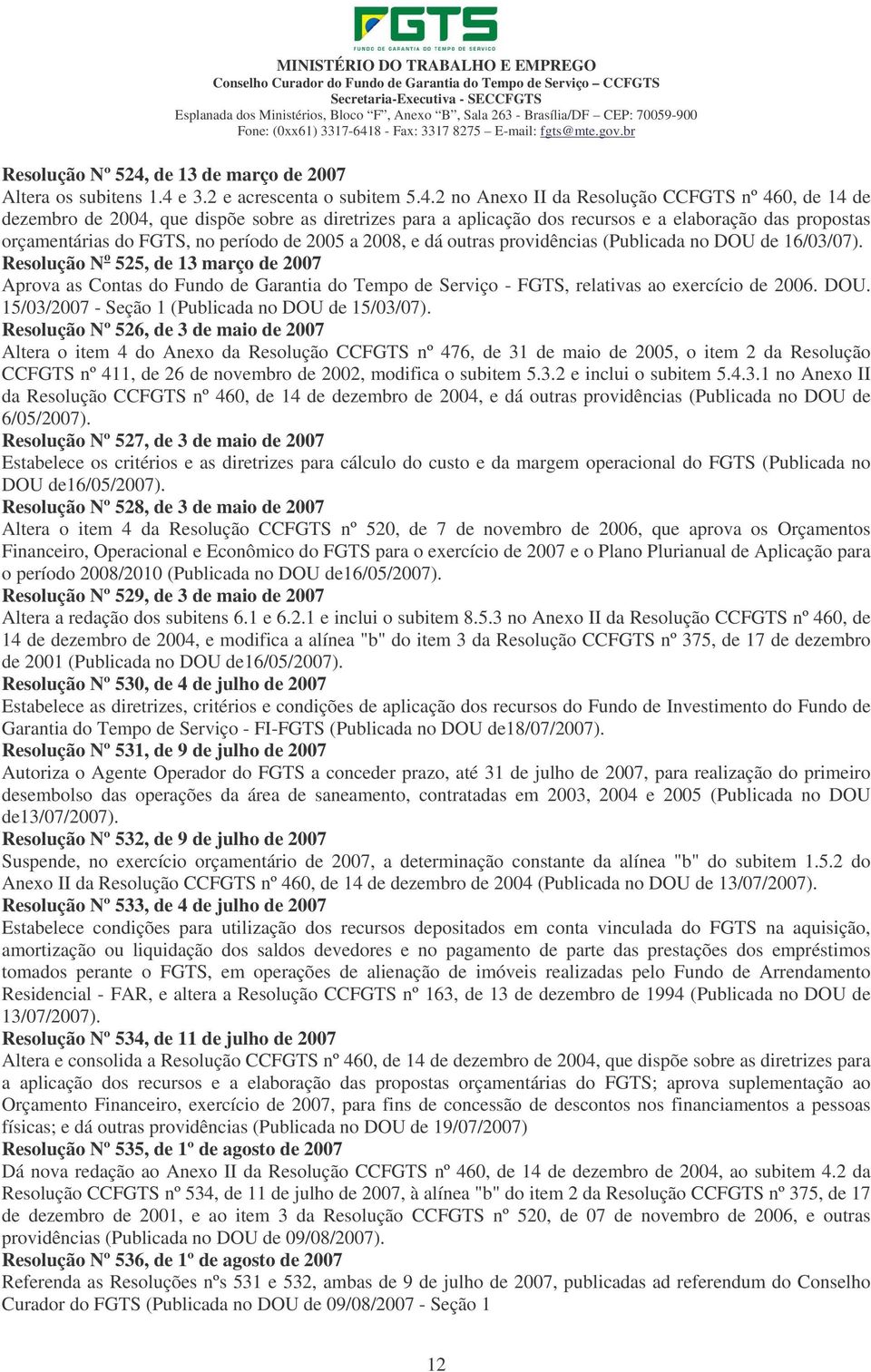 8 - Fax: 3317 8275 E-mail: fgts@mte.gov.br Resolução Nº 524,