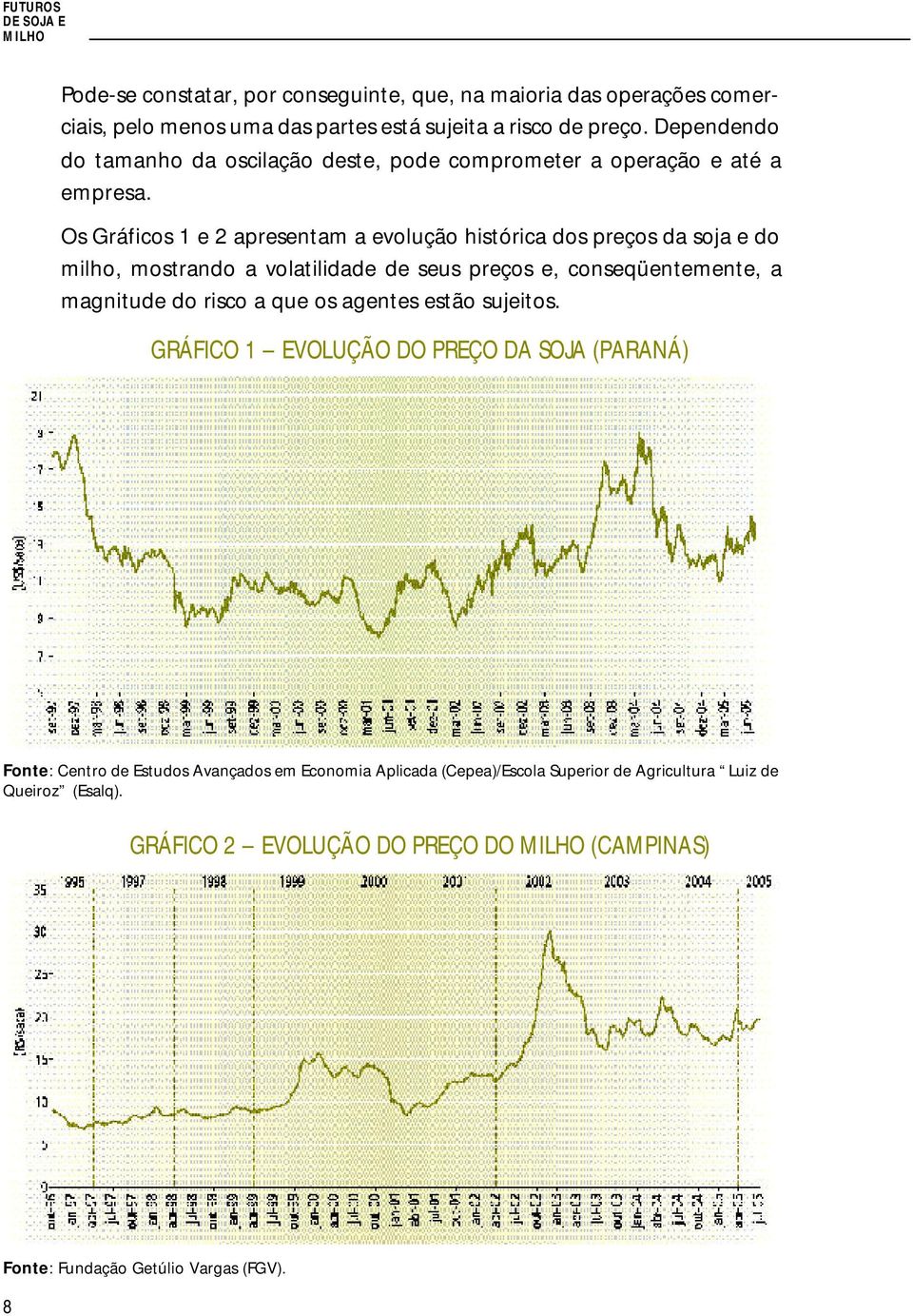 Os Gráficos 1 e 2 apresentam a evolução histórica dos preços da soja e do milho, mostrando a volatilidade de seus preços e, conseqüentemente, a magnitude do risco a que os