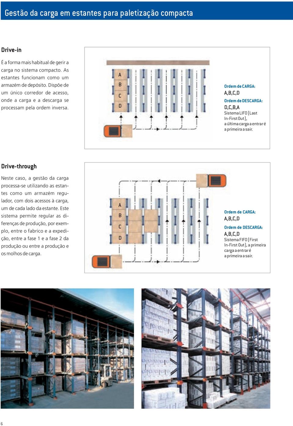 A B C D Ordem de CARGA: A,B,C,D Ordem de DESCARGA: D,C,B,A Sistema LIFO (Last In-First Out), a última carga a entrar é a primeira a sair.