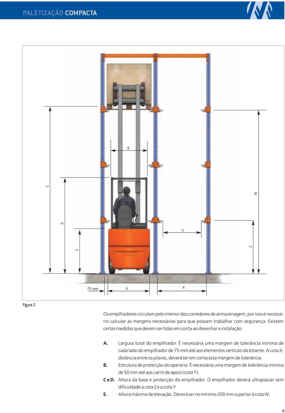 É necessária uma margem de tolerância mínima de cada lado do empilhador de 75 mm até aos elementos verticais da estante.