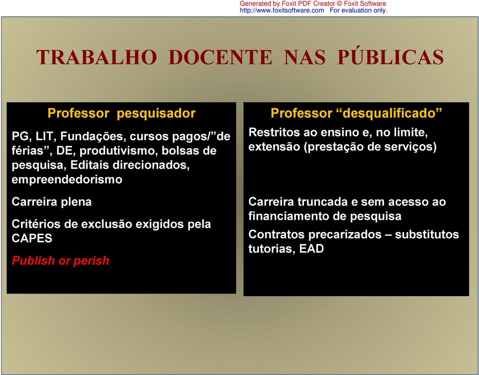 exigidos pela CAPES Publish or perish Professor desqualificado Restritos ao ensino e, no limite, extensão