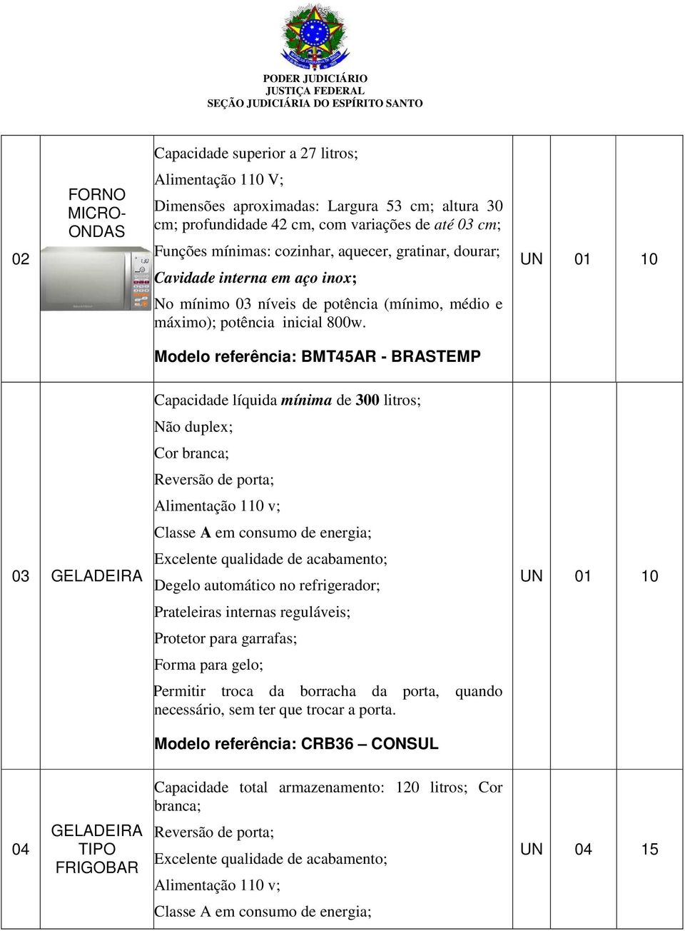 Modelo referência: BMT45AR - BRASTEMP 03 GELADEIRA Capacidade líquida mínima de 300 litros; Não duplex; Cor branca; Reversão de porta; Alimentação 110 v; Classe A em consumo de energia; Excelente