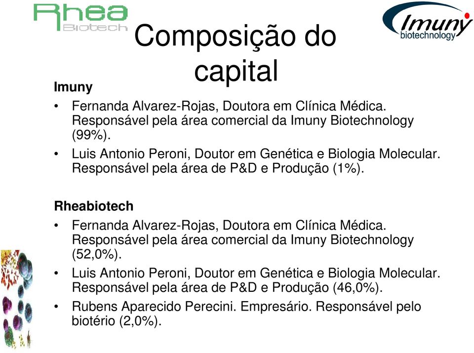 Rheabiotech Fernanda Alvarez-Rojas, Doutora em Clínica Médica. Responsável pela área comercial da Imuny Biotechnology (52,0%).