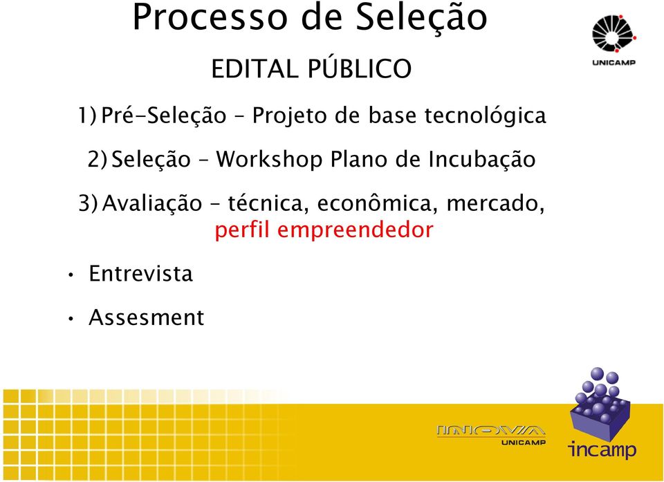 Plano de Incubação 3) Avaliação técnica,