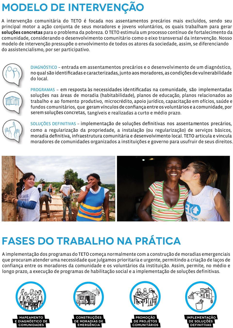 O TETO estimula um processo contínuo de fortalecimento da comunidade, considerando o desenvolvimento comunitário como o eixo transversal da intervenção.