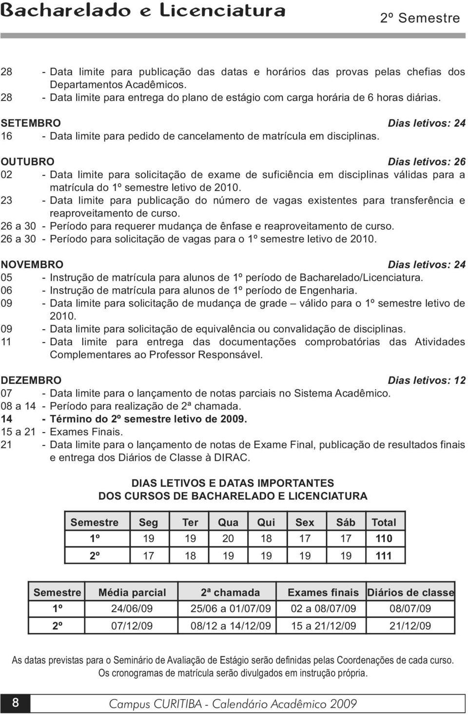 OUTUBRO Dias letivos: 26 02 - Data limite para solicitação de exame de suficiência em disciplinas válidas para a matrícula do 1º semestre letivo de 2010.