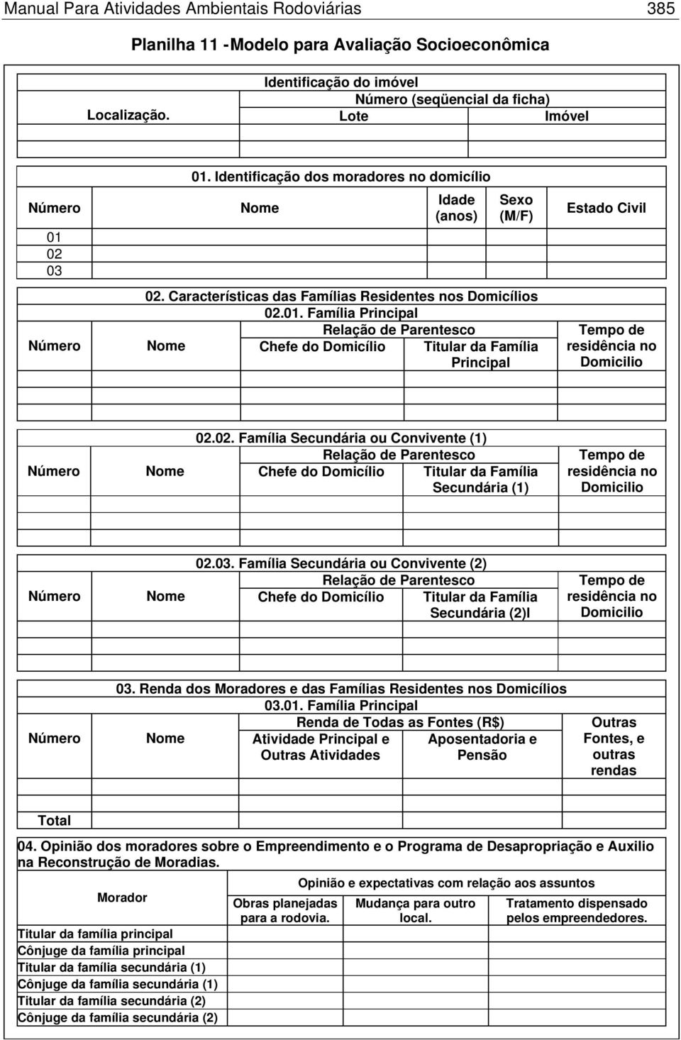 Família Principal Relação de Parentesco Número Nome Chefe do Domicílio Titular da Família Principal Estado Civil Tempo de residência no Domicilio 02.