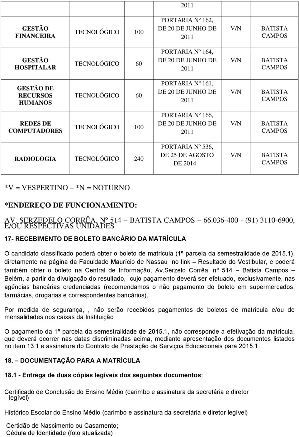 036-400 - (91) 3110-6900, E/OU RESPECTIVAS UNIDADES 17- RECEBIMENTO DE BOLETO BANCÁRIO DA MATRÍCULA O candidato classificado poderá obter o boleto de matricula (1ª parcela da semestralidade de 2015.