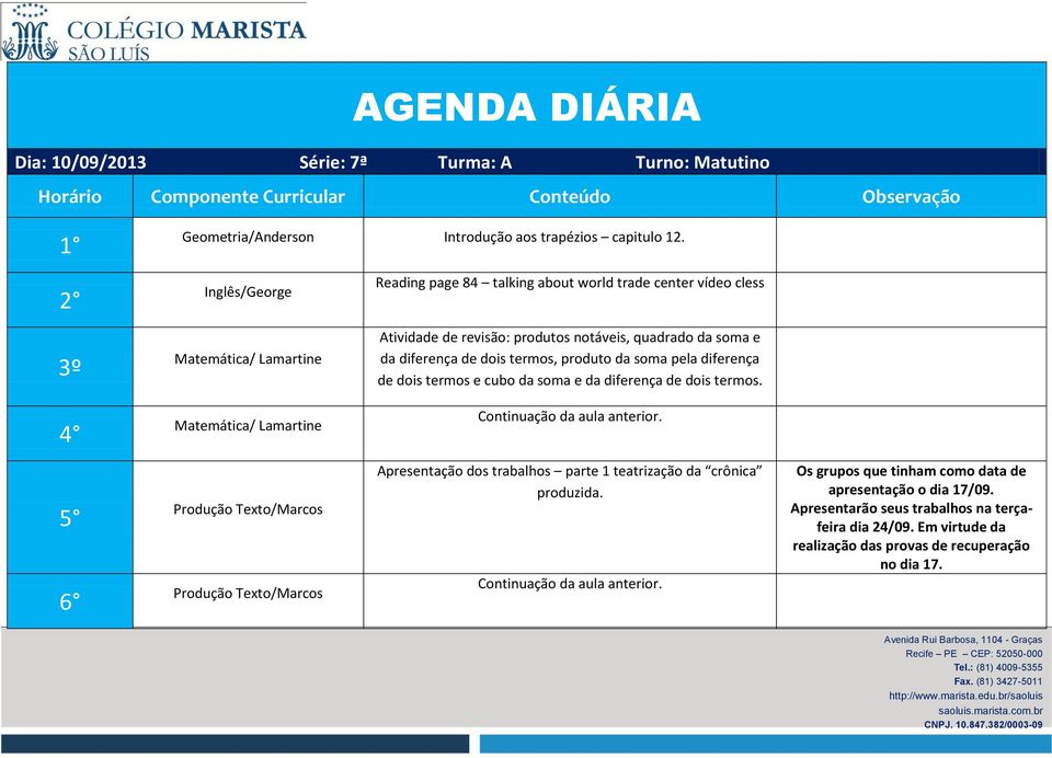 cubo da soma e da diferença de dois termos. 6 Apresentação dos trabalhos parte 1 teatrização da crônica produzida.