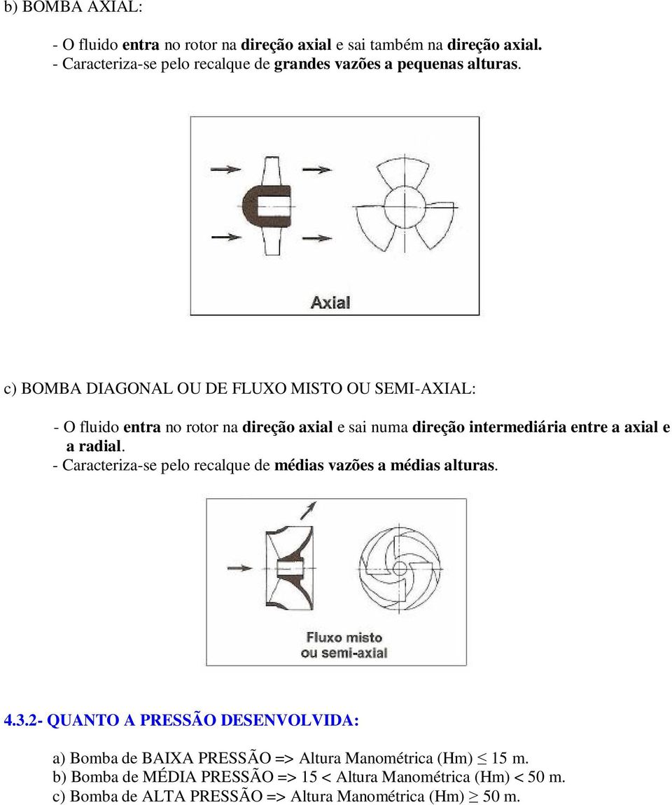 c) BOMBA DIAGONAL OU DE FLUXO MISTO OU SEMI-AXIAL: - O fluido entra no rotor na direção axial e sai numa direção intermediária entre a axial e a