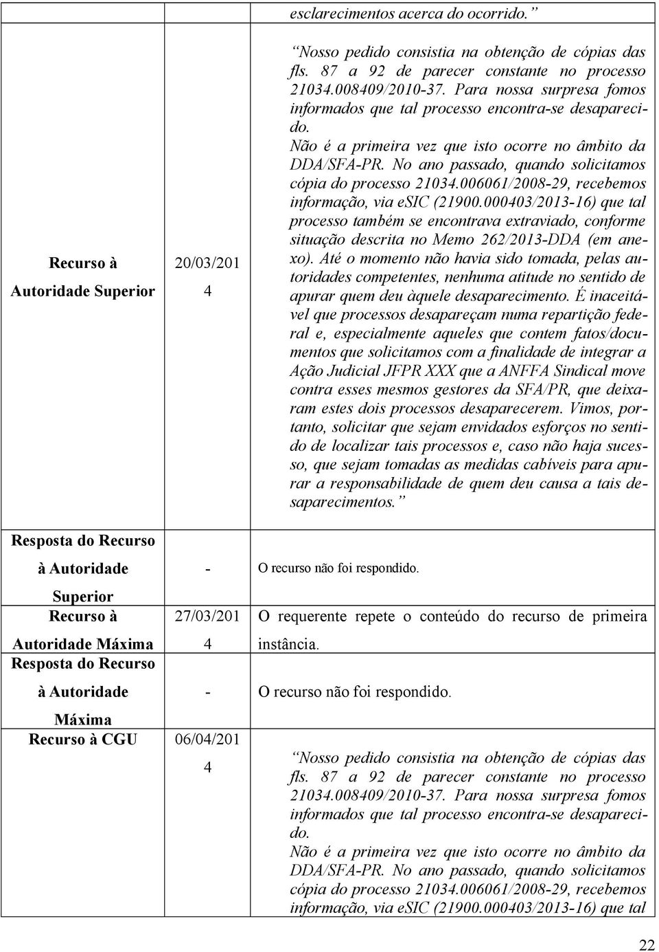 006061/2008-29, recebemos informação, via esic (21900.00003/2013-16) que tal processo também se encontrava extraviado, conforme situação descrita no Memo 262/2013-DDA (em anexo).